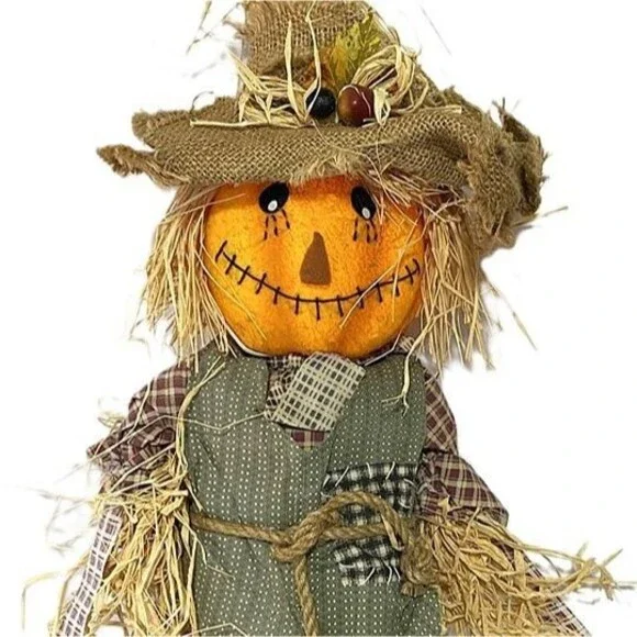 Fall Scarecrow Pumpkin Head Doll 23” Rustic Burlap Straw Autumn Harvest Hallowee - Picture 3 of 5